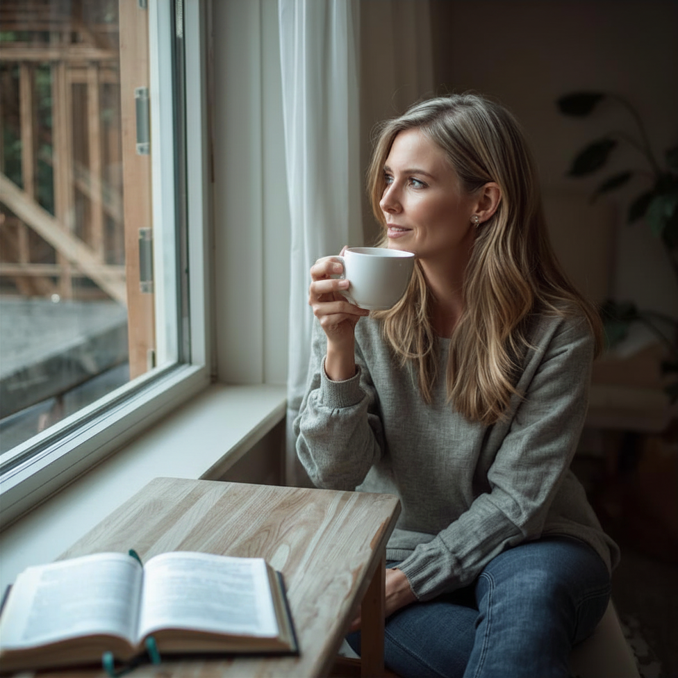 uma mãe olhando pela janela, tranquila, tomando seu café, com um livro aberto